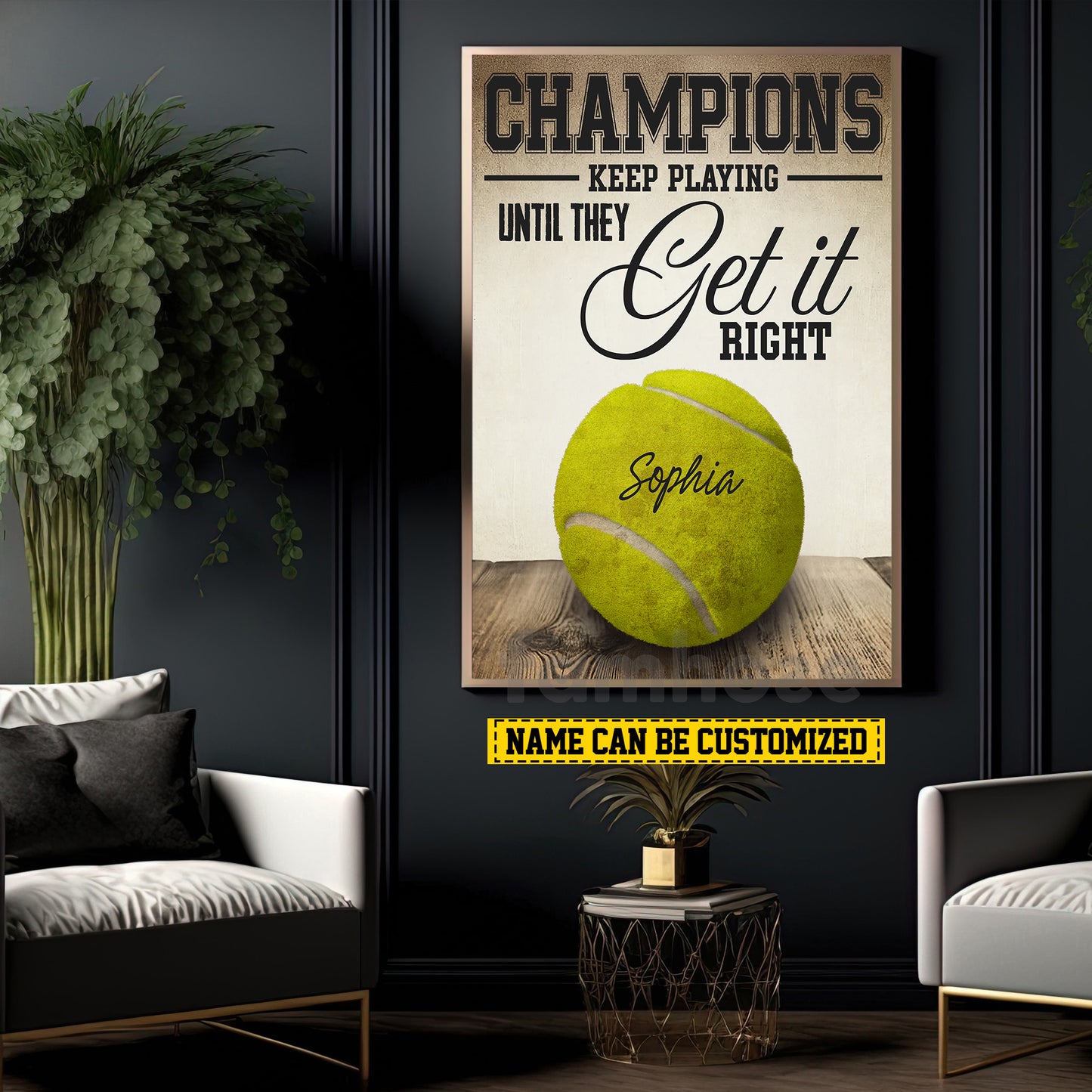 Motivational Personalized Tennis Canvas Painting, Champions Keep Playing Until They Get It Right Sports Wall Art Decor, Poster Gift For Tennis Lovers