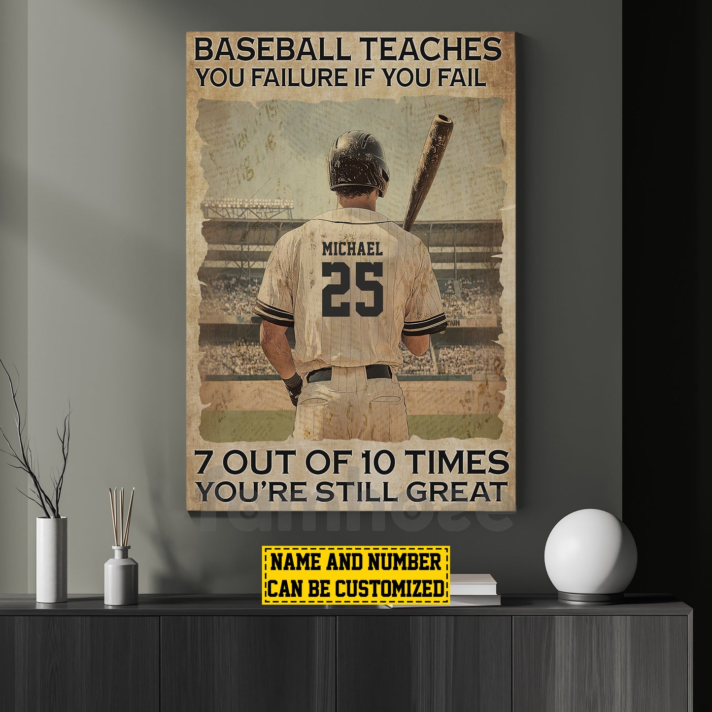 Personalized Baseball Man Canvas Painting, If You Fail 7 Out Of 10 Times You're Still Great Sport Wall Art Decor, Poster Gift For Baseball Lovers