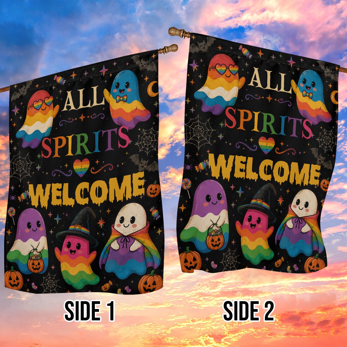 Halloween Rainbow Boo LGBT Pride Garden & House Flag, All Spirits Welcome Yard Flag, Spooky Season Gift For Ghost Lover