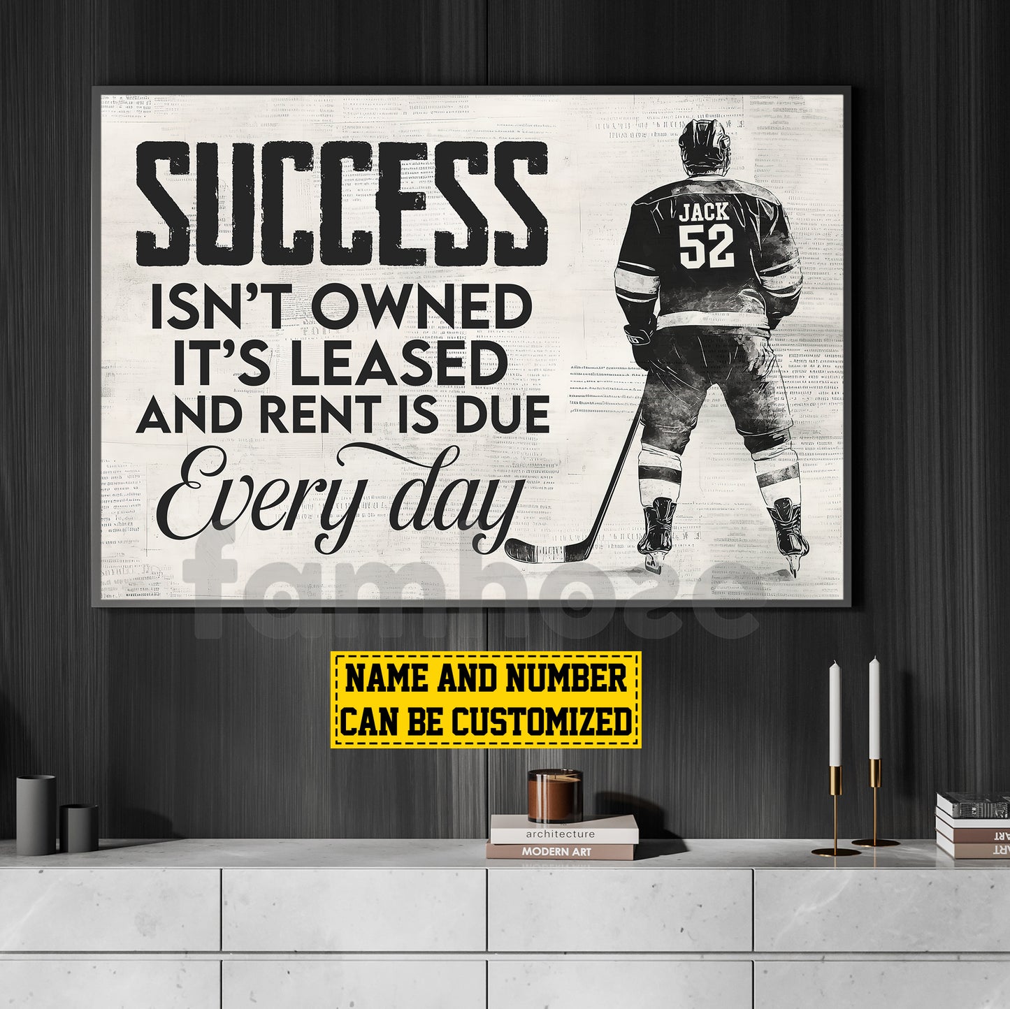 Personalized Hockey Man Canvas Painting, Success Isn't Owned It's Leased And Rent Is Due Every Day Sport Wall Art Decor, Poster Gift For Hockey Lovers
