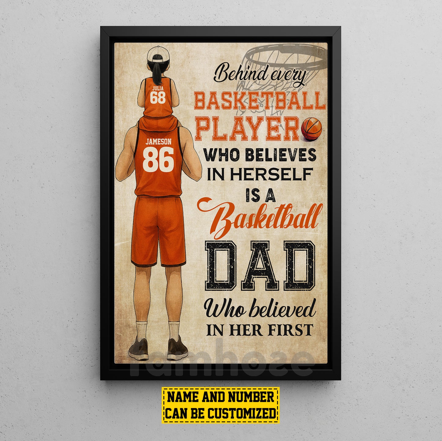 Personalized Basketball Dad Daughter Canvas Painting, Behind Every Basketball Player Sports Wall Art Decor, Poster Father's Day Gift For Basketball Lovers