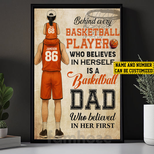 Personalized Basketball Dad Daughter Canvas Painting, Behind Every Basketball Player Sports Wall Art Decor, Poster Father's Day Gift For Basketball Lovers