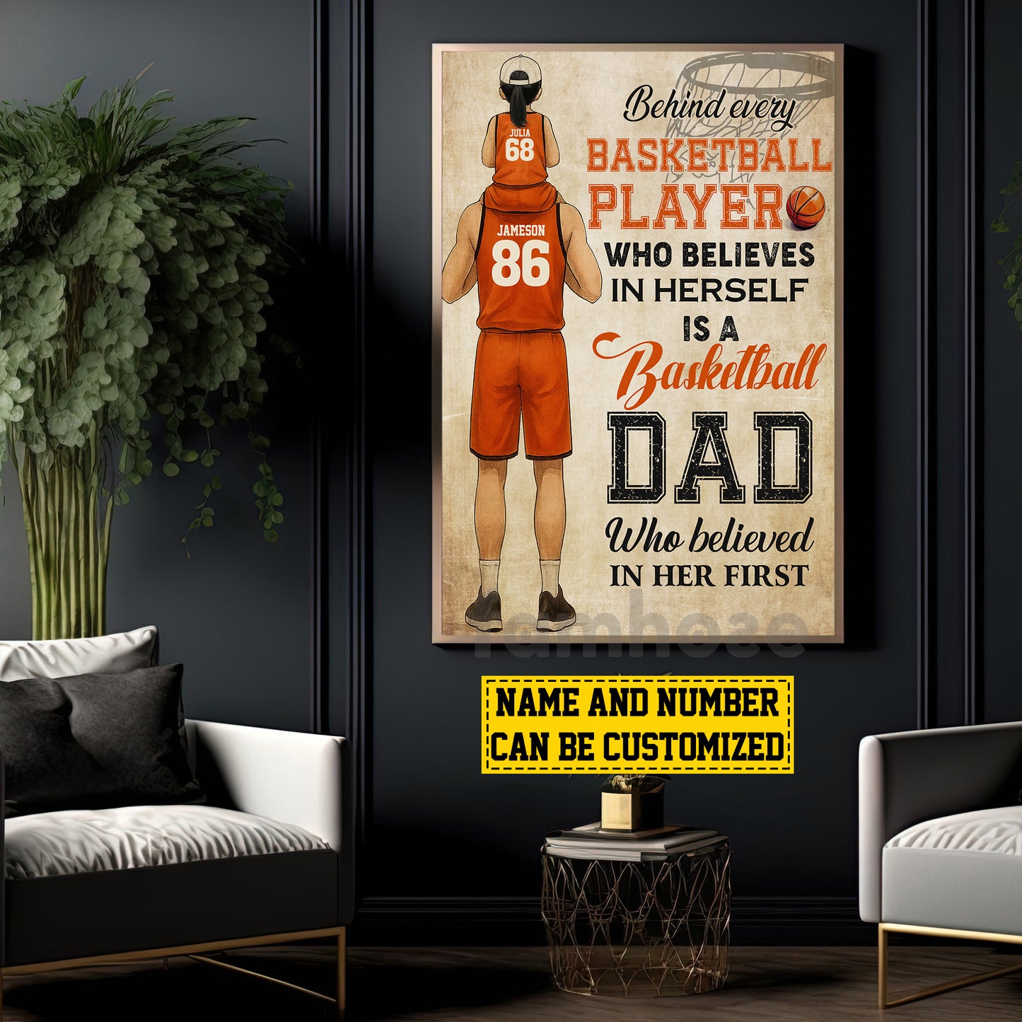 Personalized Basketball Dad Daughter Canvas Painting, Behind Every Basketball Player Sports Wall Art Decor, Poster Father's Day Gift For Basketball Lovers