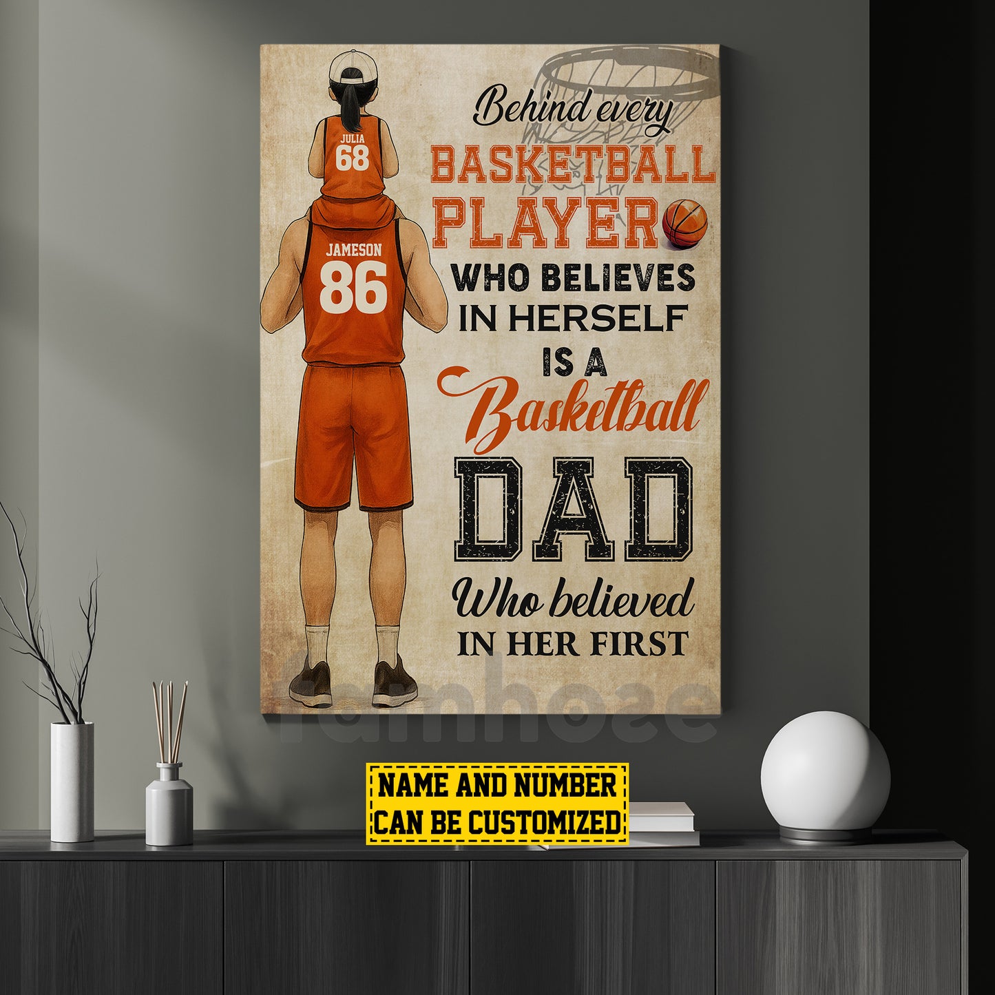 Personalized Basketball Dad Daughter Canvas Painting, Behind Every Basketball Player Sports Wall Art Decor, Poster Father's Day Gift For Basketball Lovers