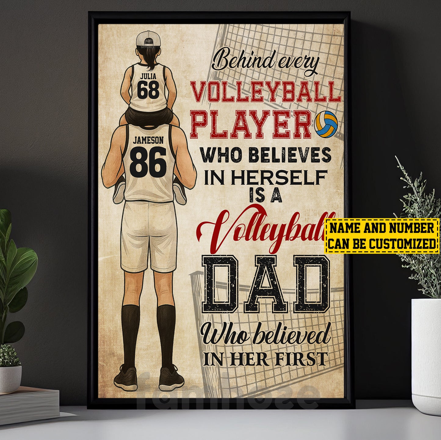 Motivational Personalized Volleyball Dad Daughter Canvas Painting, Behind Every Volleyball Player Sport Wall Art Decor, Poster Father's Day Gift For Volleyball Lovers