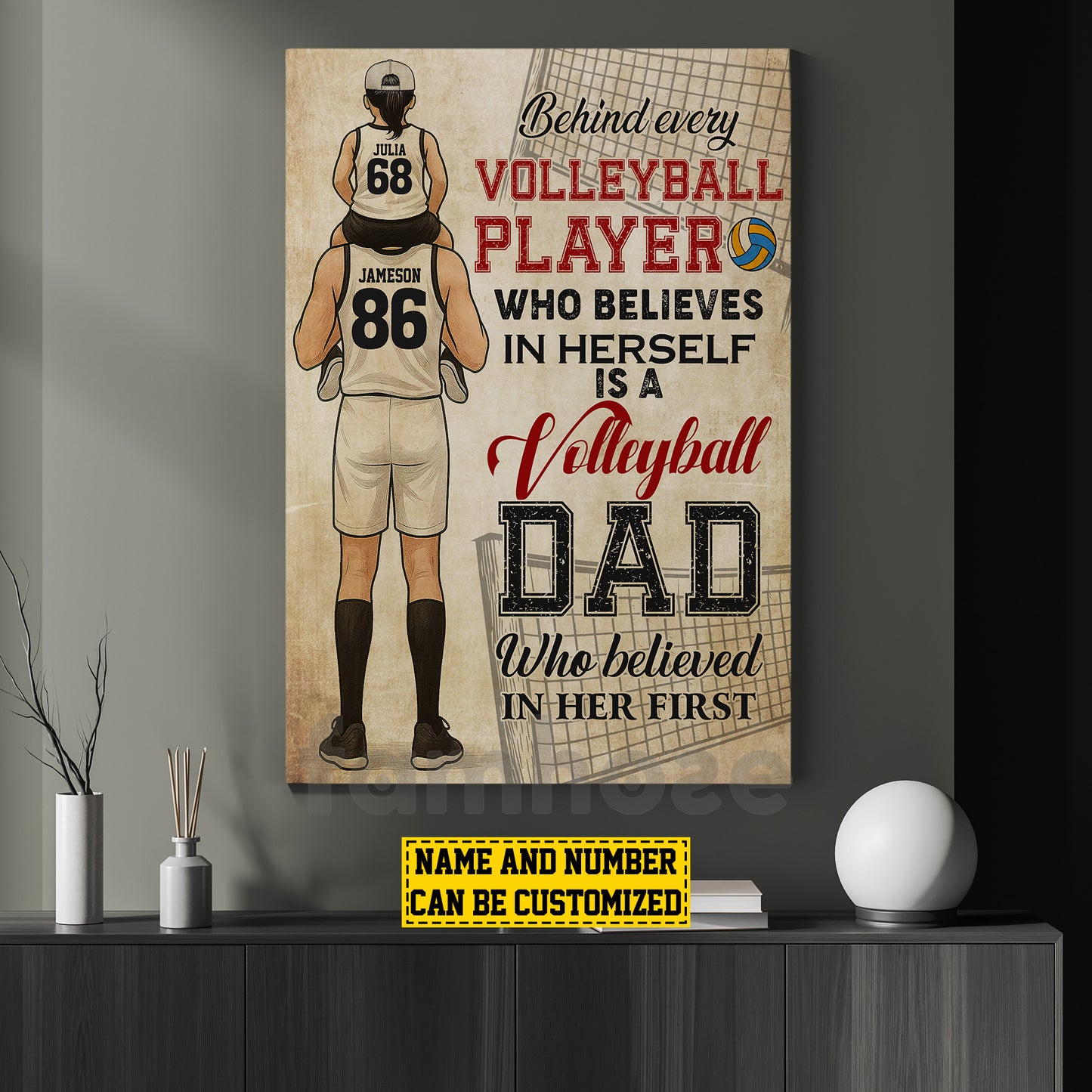 Motivational Personalized Volleyball Dad Daughter Canvas Painting, Behind Every Volleyball Player Sport Wall Art Decor, Poster Father's Day Gift For Volleyball Lovers