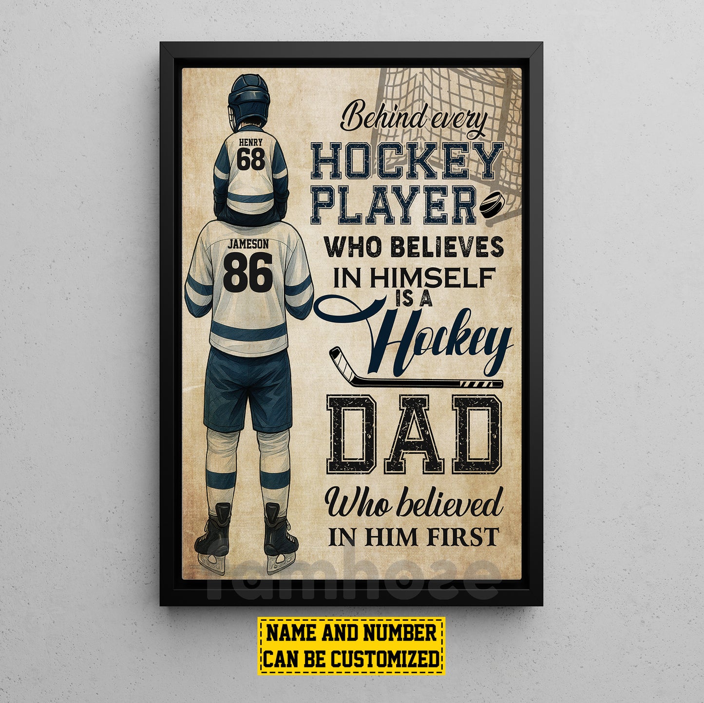 Personalized Hockey Dad Son Canvas Painting, Behind Every Hockey Player Sports Wall Art Decor, Poster Father's Day Gift For Hockey Lovers
