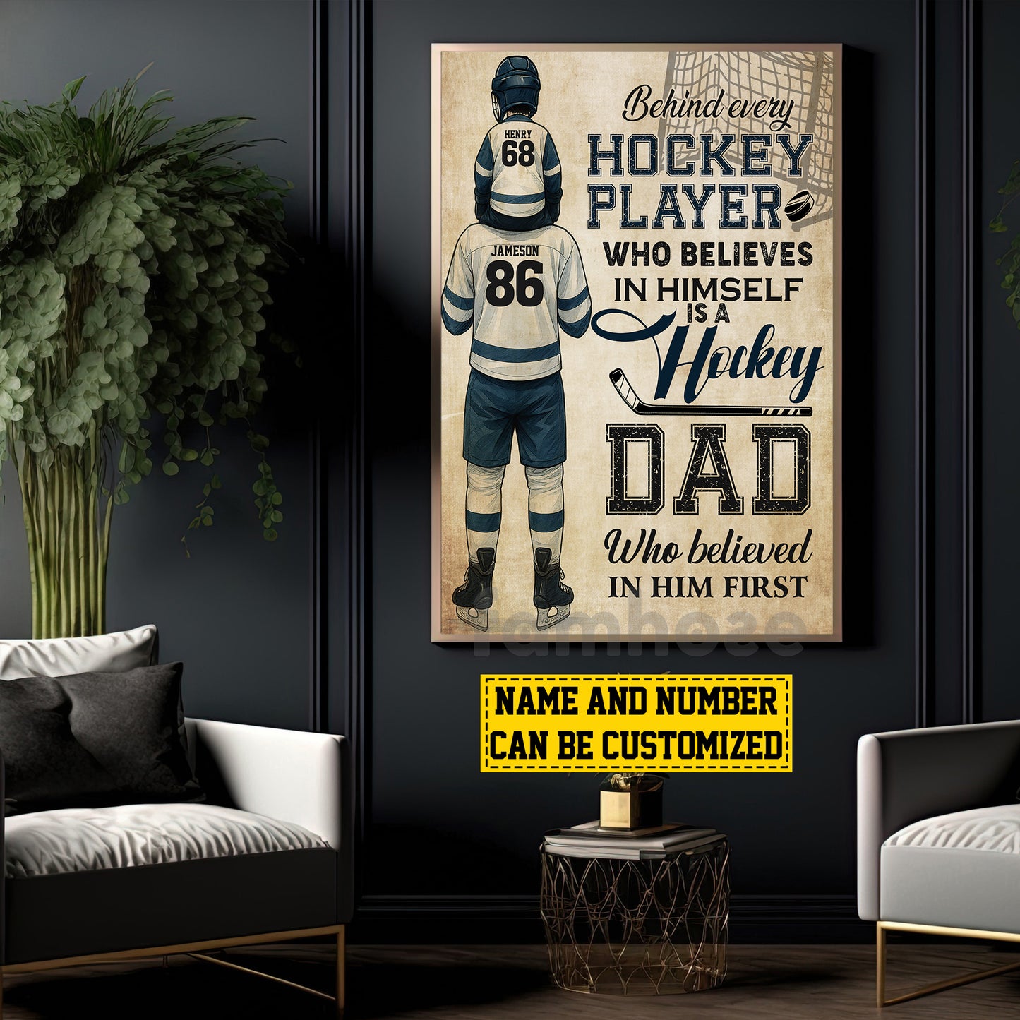 Personalized Hockey Dad Son Canvas Painting, Behind Every Hockey Player Sports Wall Art Decor, Poster Father's Day Gift For Hockey Lovers