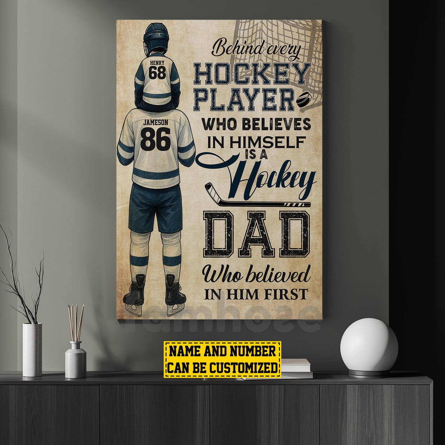 Personalized Hockey Dad Son Canvas Painting, Behind Every Hockey Player Sports Wall Art Decor, Poster Father's Day Gift For Hockey Lovers