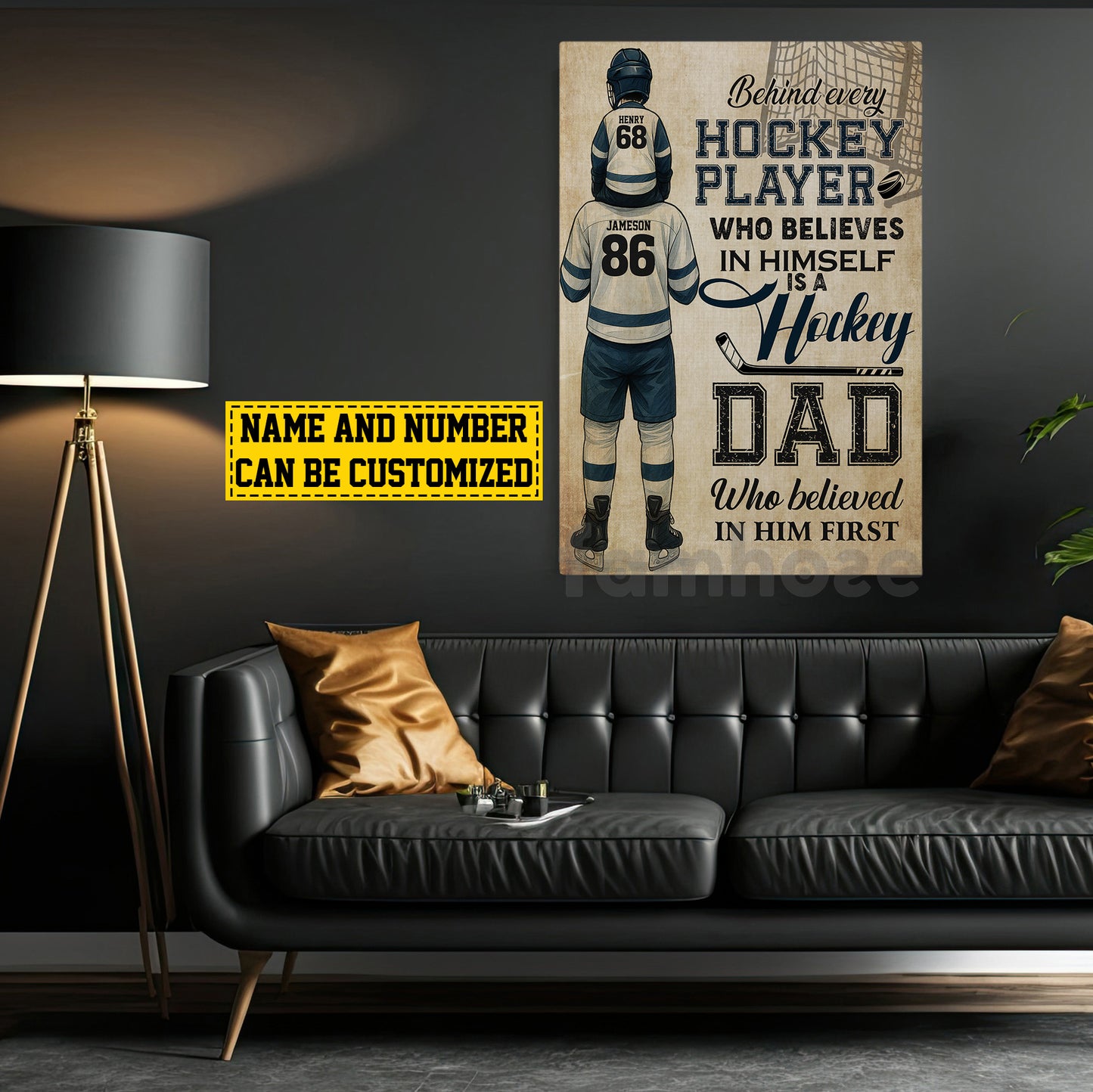 Personalized Hockey Dad Son Canvas Painting, Behind Every Hockey Player Sports Wall Art Decor, Poster Father's Day Gift For Hockey Lovers