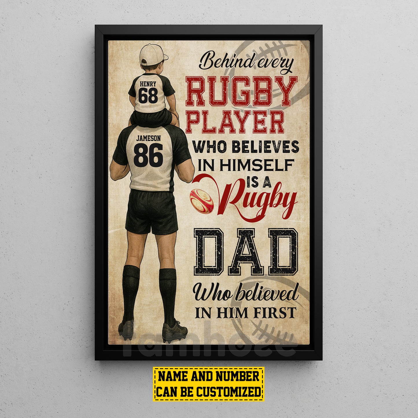 Personalized Rugby Dad Son Canvas Painting, Behind Every Rugby Player, Sports Wall Art Decor, Father's Day Poster Gift For Rugby Lovers, Rugby Players