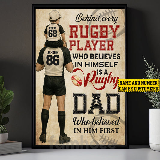 Personalized Rugby Dad Son Canvas Painting, Behind Every Rugby Player, Sports Wall Art Decor, Father's Day Poster Gift For Rugby Lovers, Rugby Players