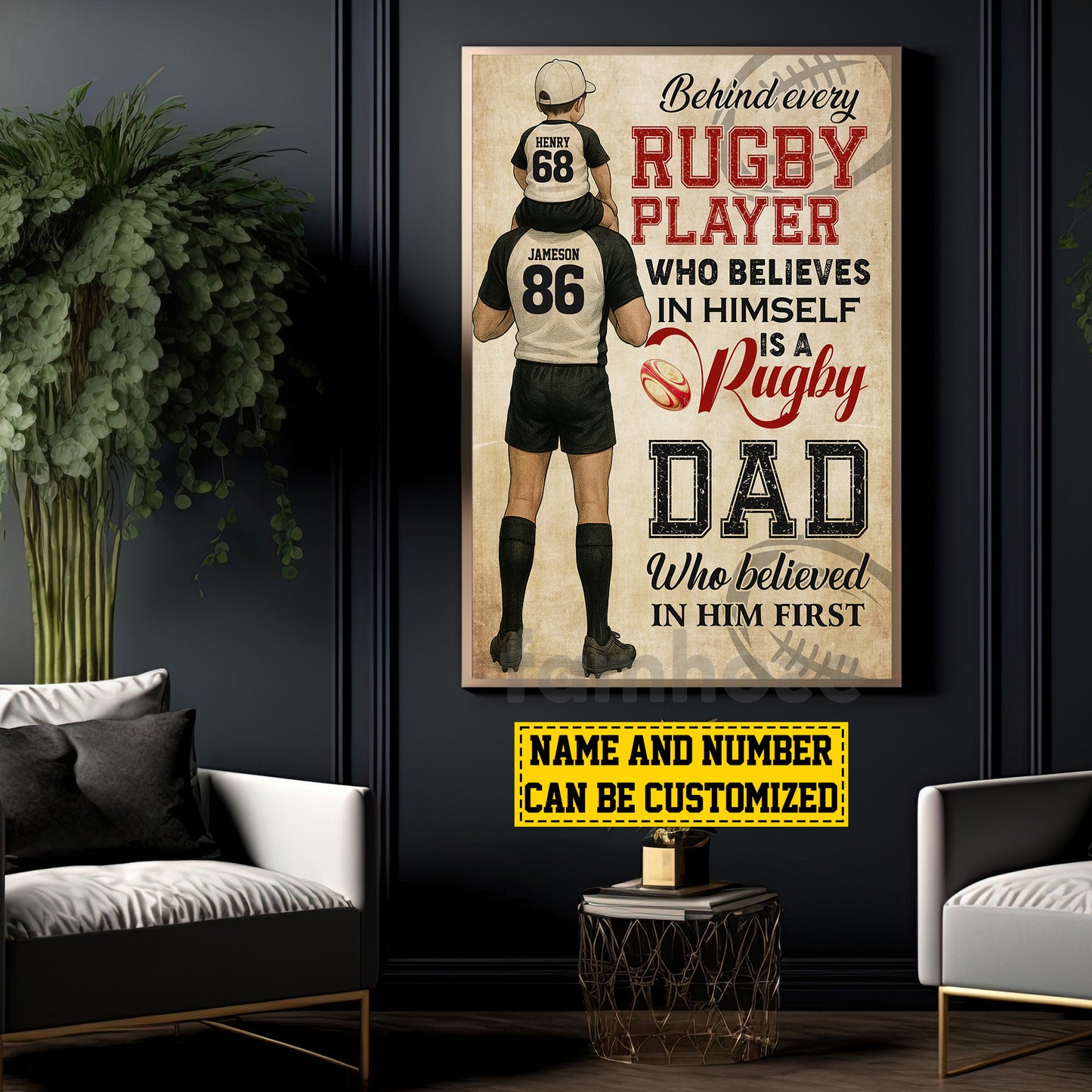 Personalized Rugby Dad Son Canvas Painting, Behind Every Rugby Player, Sports Wall Art Decor, Father's Day Poster Gift For Rugby Lovers, Rugby Players