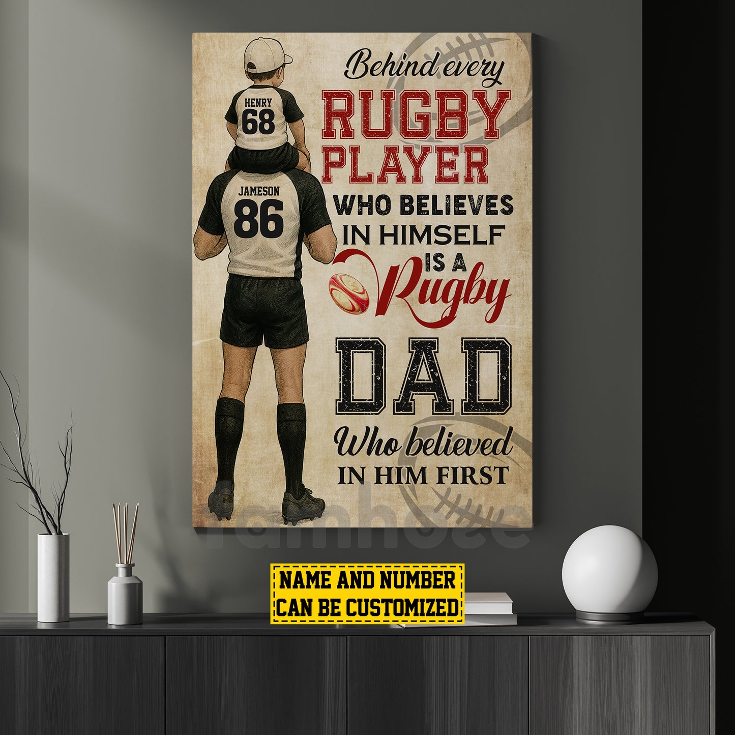 Personalized Rugby Dad Son Canvas Painting, Behind Every Rugby Player, Sports Wall Art Decor, Father's Day Poster Gift For Rugby Lovers, Rugby Players
