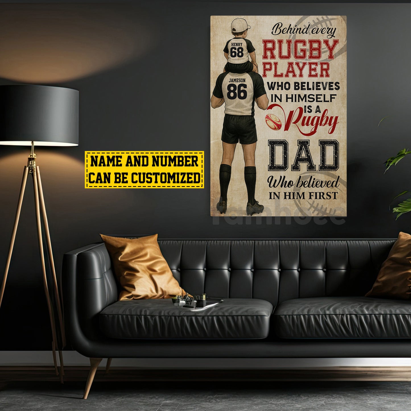 Personalized Rugby Dad Son Canvas Painting, Behind Every Rugby Player, Sports Wall Art Decor, Father's Day Poster Gift For Rugby Lovers, Rugby Players