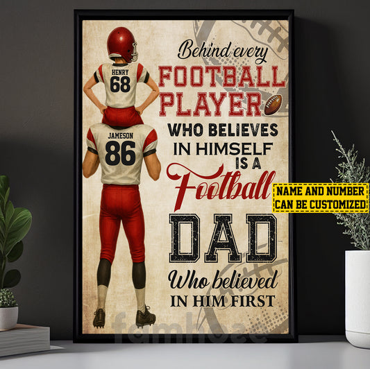 Personalized Football Dad Son Canvas Painting, Behind Every Football Player, Sports Wall Art Decor, Father's Day Poster Gift For Football Lovers, Football Players