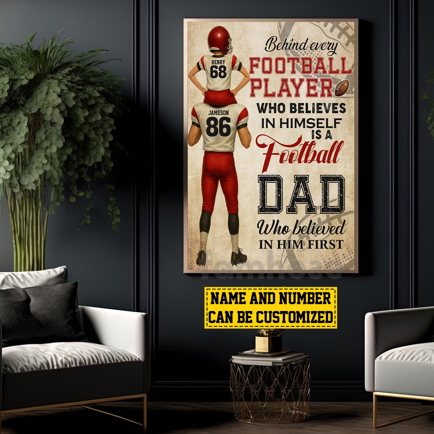 Personalized Football Dad Son Canvas Painting, Behind Every Football Player, Sports Wall Art Decor, Father's Day Poster Gift For Football Lovers, Football Players