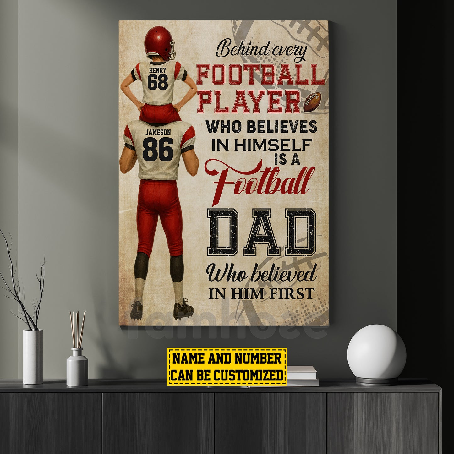 Personalized Football Dad Son Canvas Painting, Behind Every Football Player, Sports Wall Art Decor, Father's Day Poster Gift For Football Lovers, Football Players