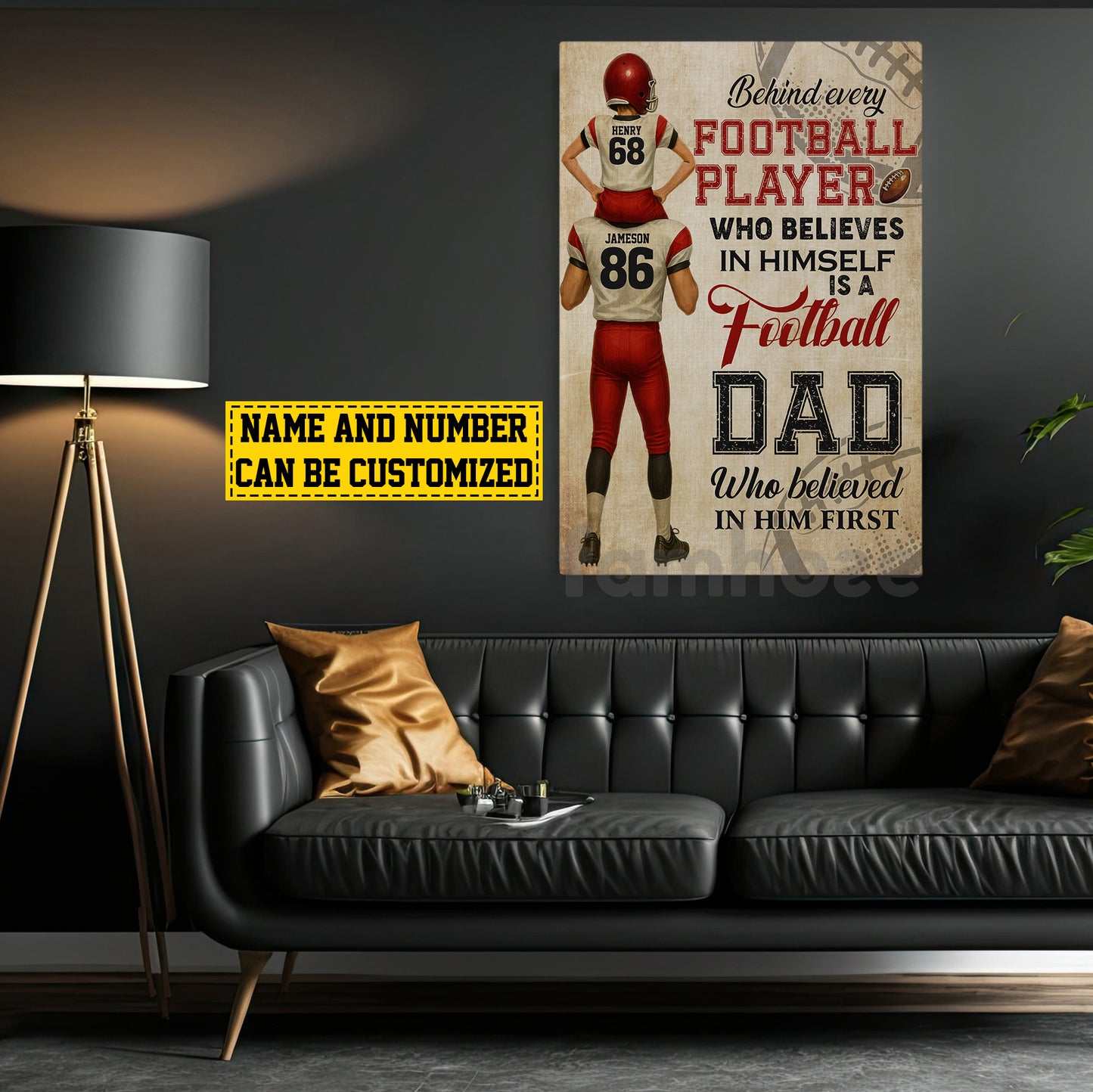 Personalized Football Dad Son Canvas Painting, Behind Every Football Player, Sports Wall Art Decor, Father's Day Poster Gift For Football Lovers, Football Players
