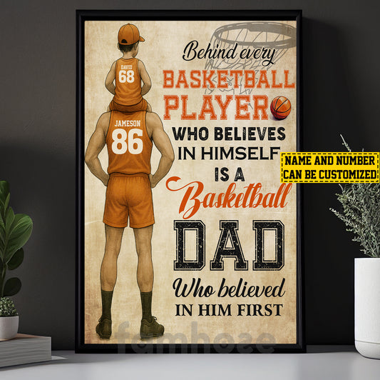 Personalized Basketball Dad Son Canvas Painting, Behind Every Basketball Player, Sports Wall Art Decor, Father's Day Poster Gift For Basketball Lovers, Basketball Players