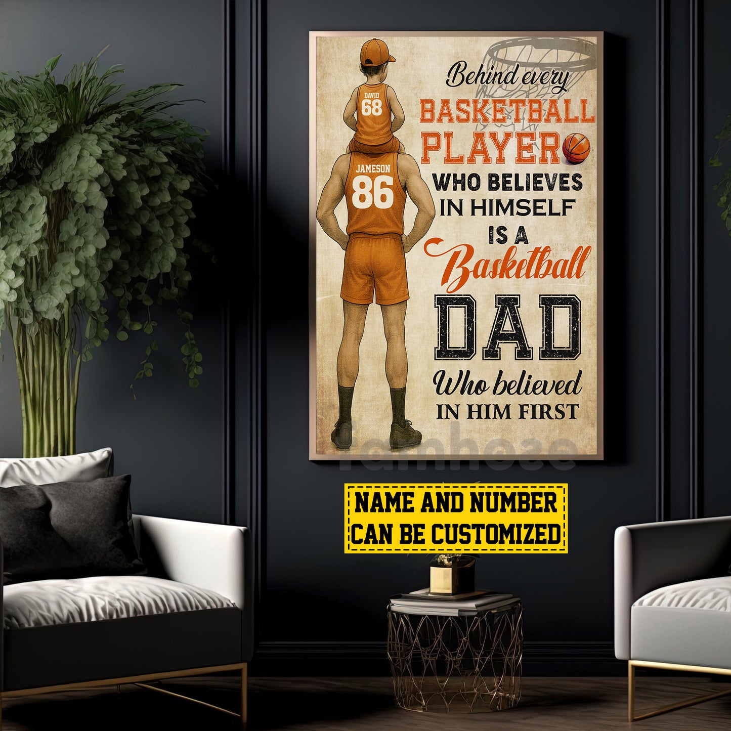 Personalized Basketball Dad Son Canvas Painting, Behind Every Basketball Player, Sports Wall Art Decor, Father's Day Poster Gift For Basketball Lovers, Basketball Players