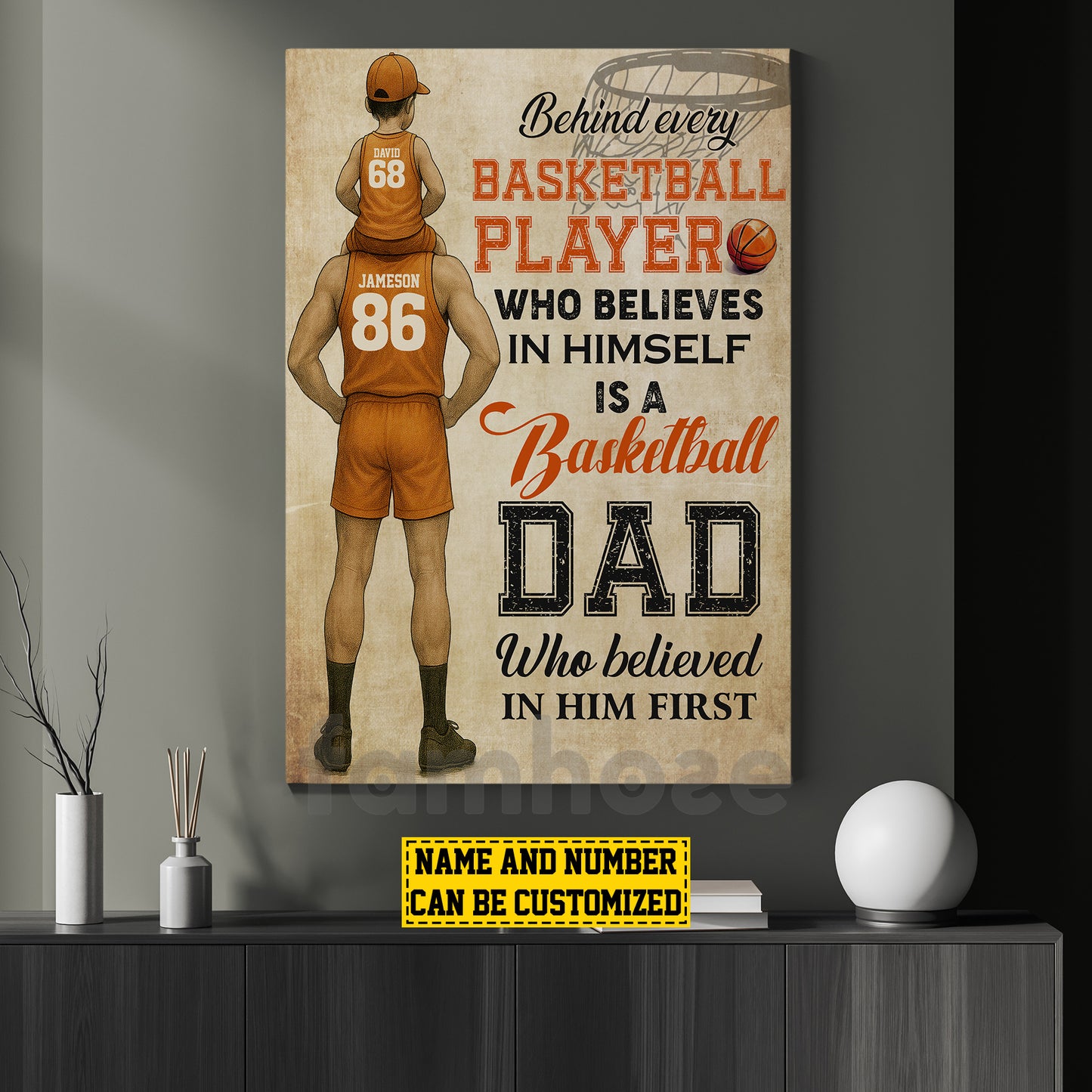 Personalized Basketball Dad Son Canvas Painting, Behind Every Basketball Player, Sports Wall Art Decor, Father's Day Poster Gift For Basketball Lovers, Basketball Players