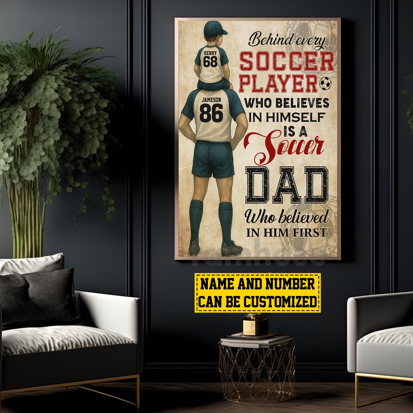Personalized Soccer Dad Son Canvas Painting, Behind Every Soccer Player, Sports Wall Art Decor, Father's Day Poster Gift For Soccer Lovers, Soccer Players