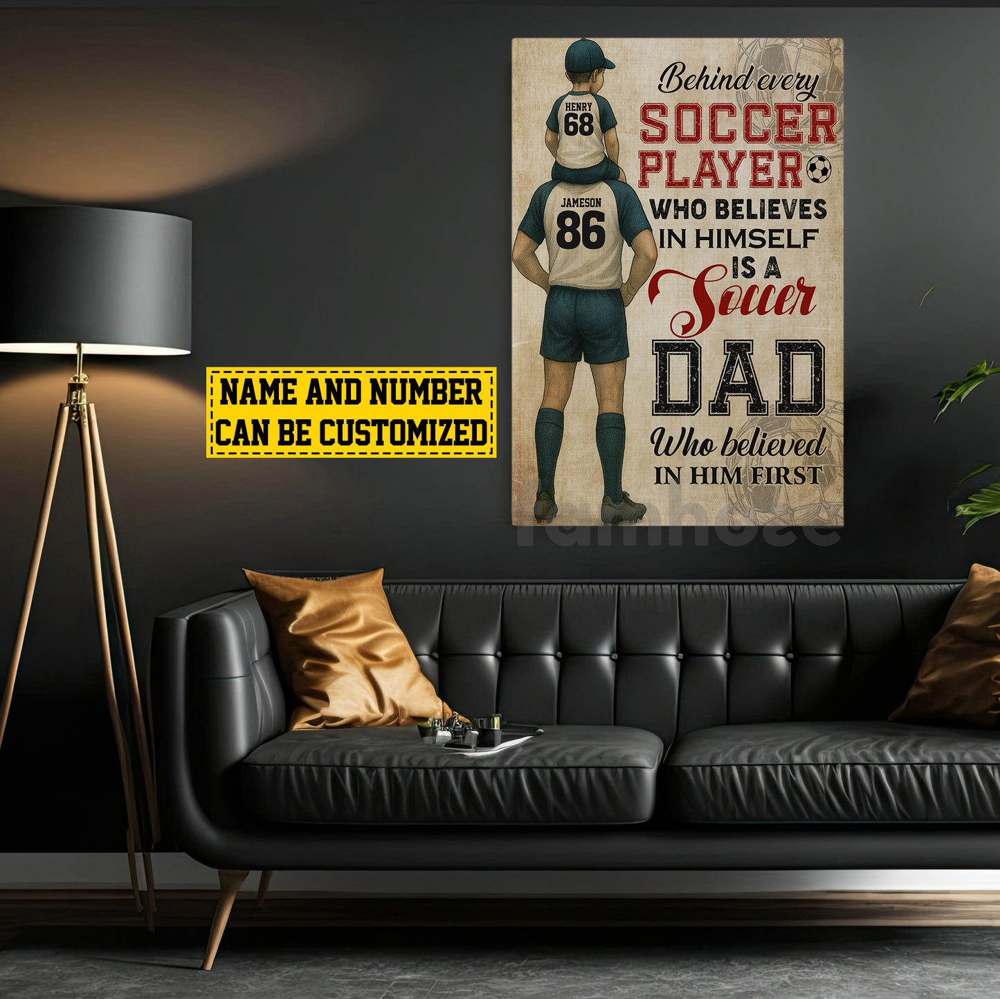 Personalized Soccer Dad Son Canvas Painting, Behind Every Soccer Player, Sports Wall Art Decor, Father's Day Poster Gift For Soccer Lovers, Soccer Players