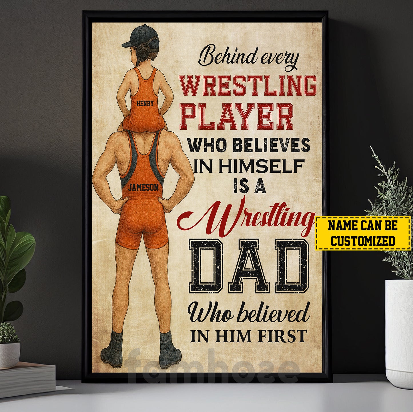 Personalized Wrestling Dad Son Canvas Painting, Behind Every Wrestling Player, Sports Wall Art Decor, Father's Day Poster Gift For Wrestling Lovers
