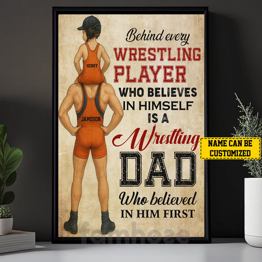 Personalized Wrestling Dad Son Canvas Painting, Behind Every Wrestling Player, Sports Wall Art Decor, Father's Day Poster Gift For Wrestling Lovers