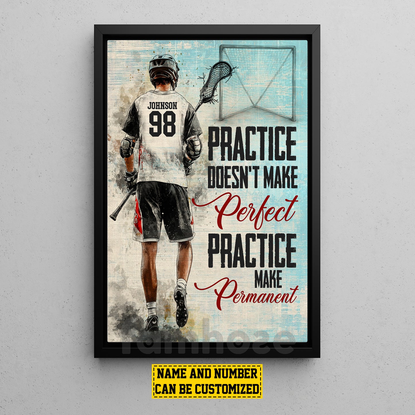 Motivational Personalized Lacrosse Man Canvas Painting, Practice Doesn't Make Perfect Practice Make Permanent Sports Wall Art Decor, Poster Gift For Lacrosse Lovers