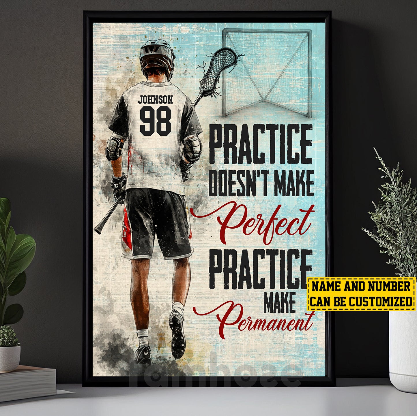 Motivational Personalized Lacrosse Man Canvas Painting, Practice Doesn't Make Perfect Practice Make Permanent Sports Wall Art Decor, Poster Gift For Lacrosse Lovers