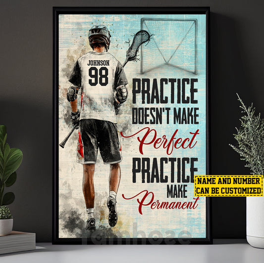 Motivational Personalized Lacrosse Man Canvas Painting, Practice Doesn't Make Perfect Practice Make Permanent Sports Wall Art Decor, Poster Gift For Lacrosse Lovers
