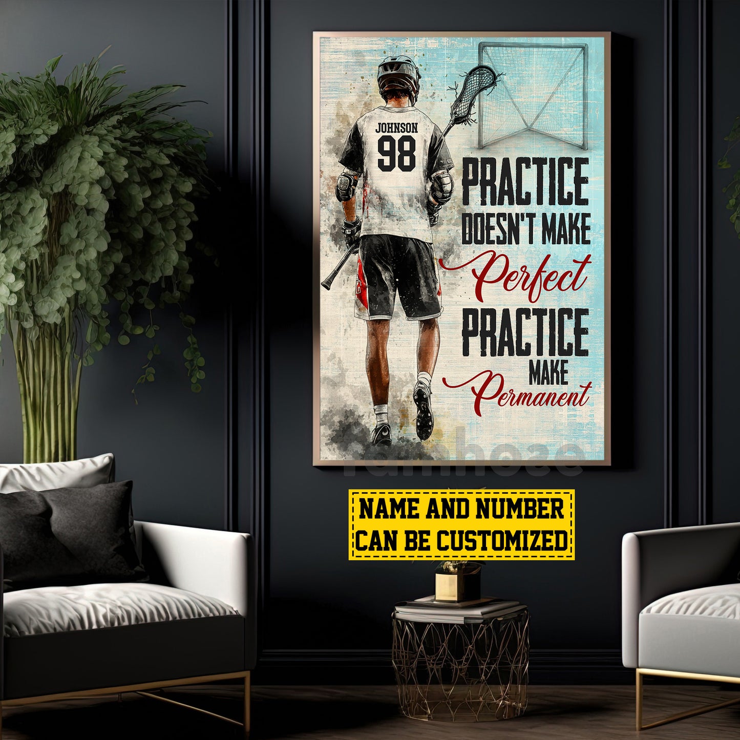 Motivational Personalized Lacrosse Man Canvas Painting, Practice Doesn't Make Perfect Practice Make Permanent Sports Wall Art Decor, Poster Gift For Lacrosse Lovers