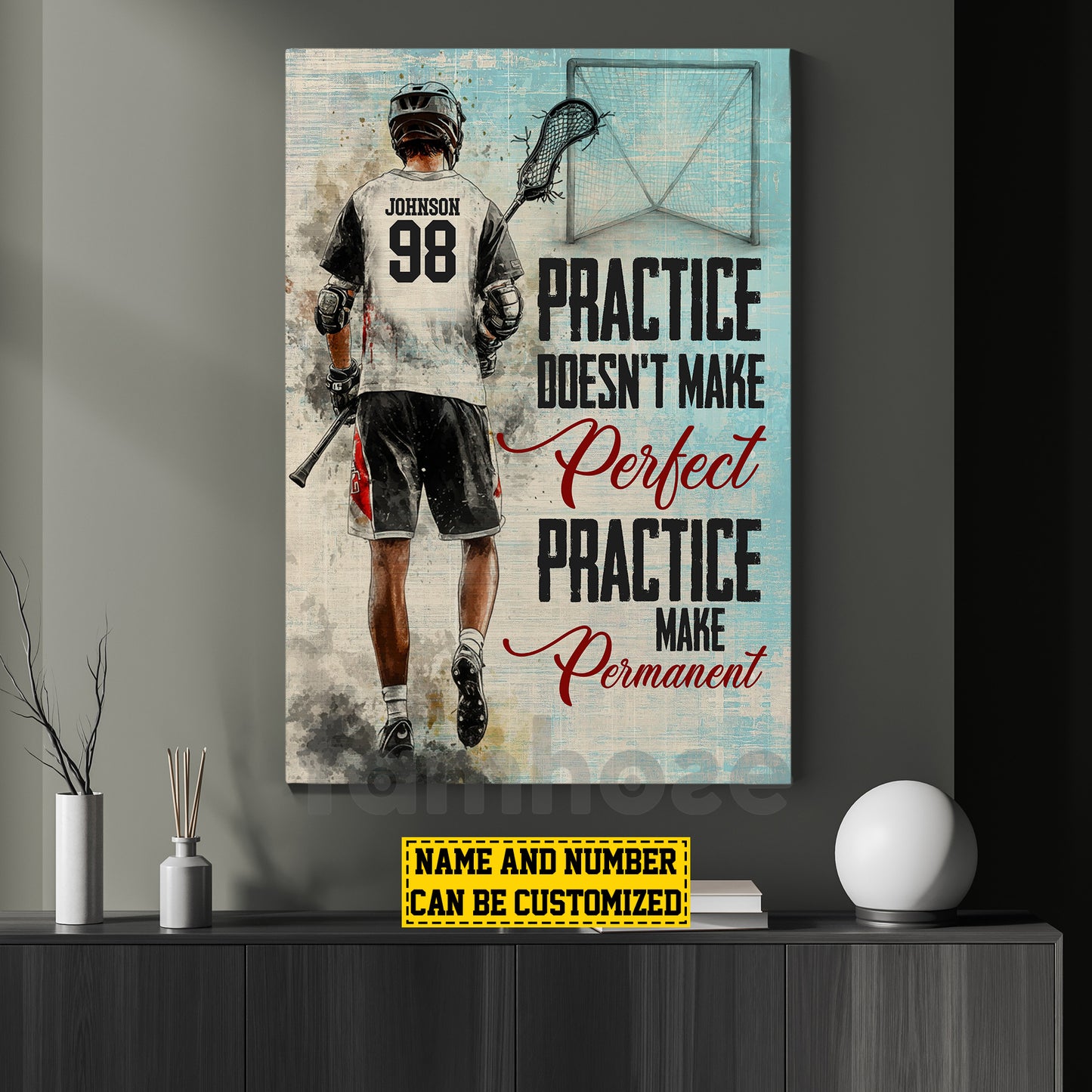 Motivational Personalized Lacrosse Man Canvas Painting, Practice Doesn't Make Perfect Practice Make Permanent Sports Wall Art Decor, Poster Gift For Lacrosse Lovers