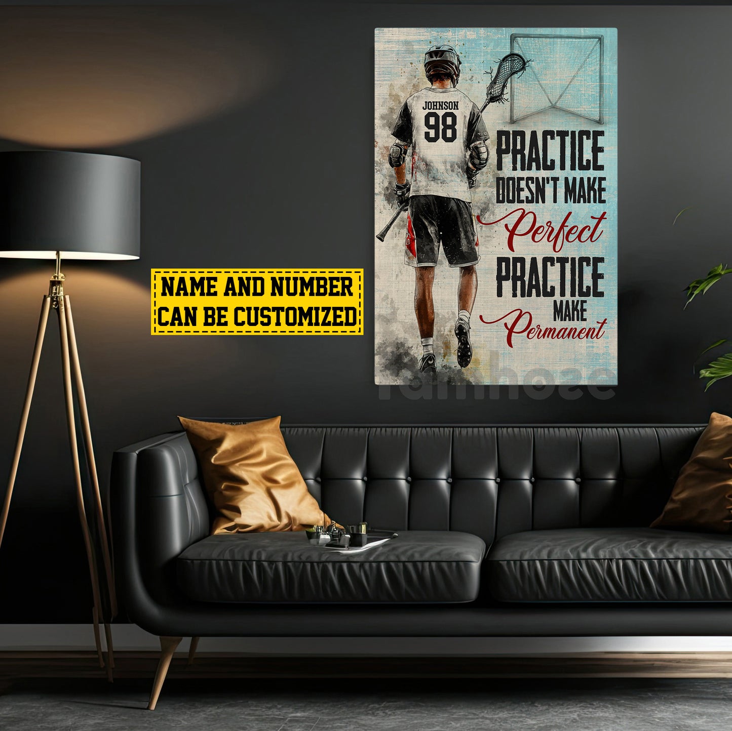 Motivational Personalized Lacrosse Man Canvas Painting, Practice Doesn't Make Perfect Practice Make Permanent Sports Wall Art Decor, Poster Gift For Lacrosse Lovers