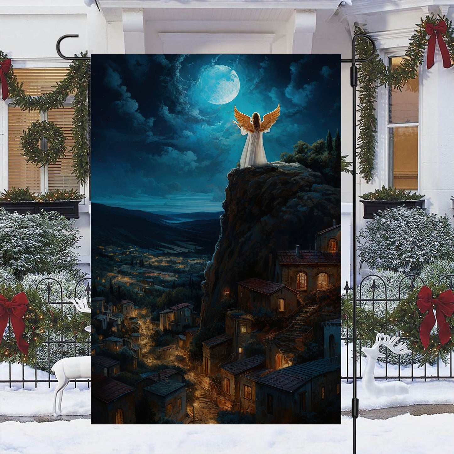 Guardian Angel Moonlit Watch Over The Christmas Village, Christmas Garden Flag - House Flag, Christmas Flag Gift For Angel Lovers, Angel Flag