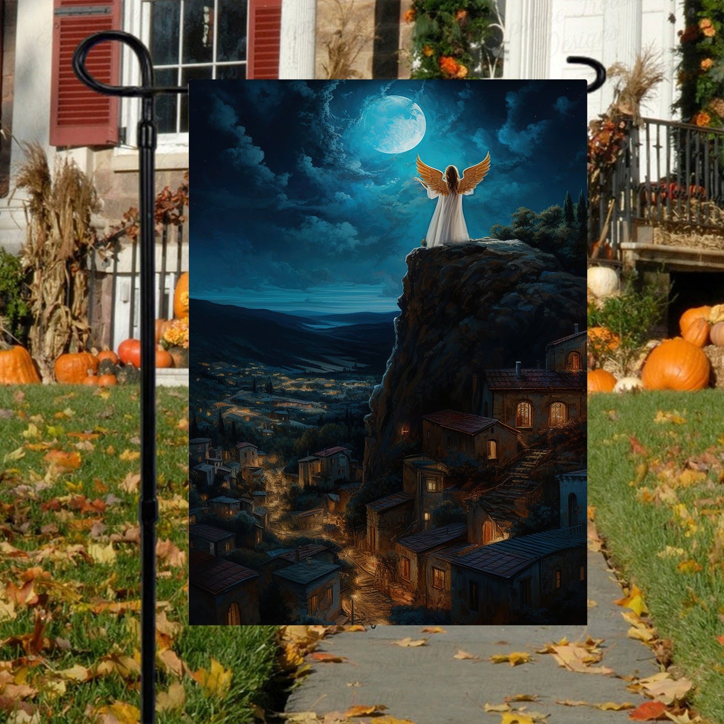 Guardian Angel Moonlit Watch Over The Christmas Village, Christmas Garden Flag - House Flag, Christmas Flag Gift For Angel Lovers, Angel Flag