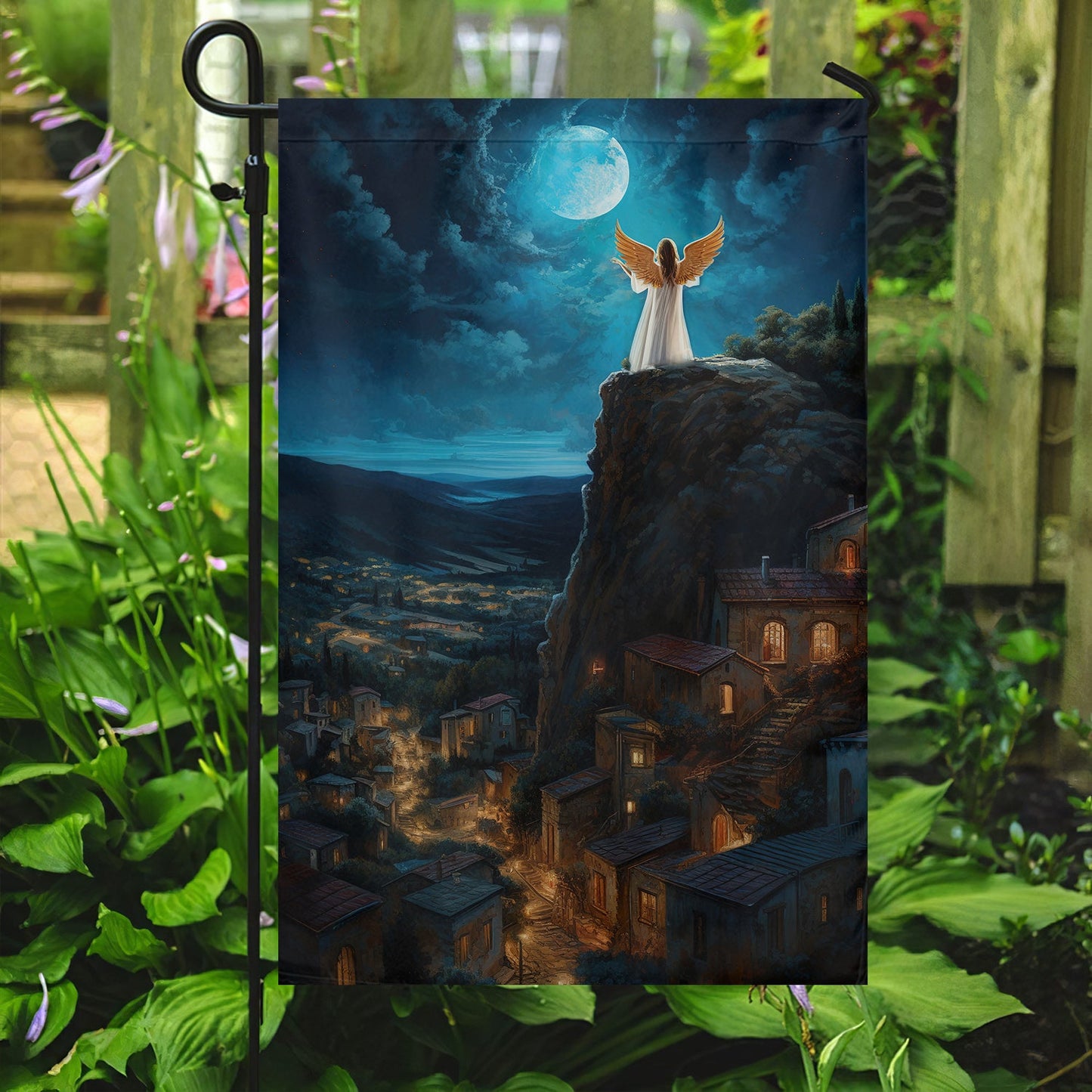 Guardian Angel Moonlit Watch Over The Christmas Village, Christmas Garden Flag - House Flag, Christmas Flag Gift For Angel Lovers, Angel Flag