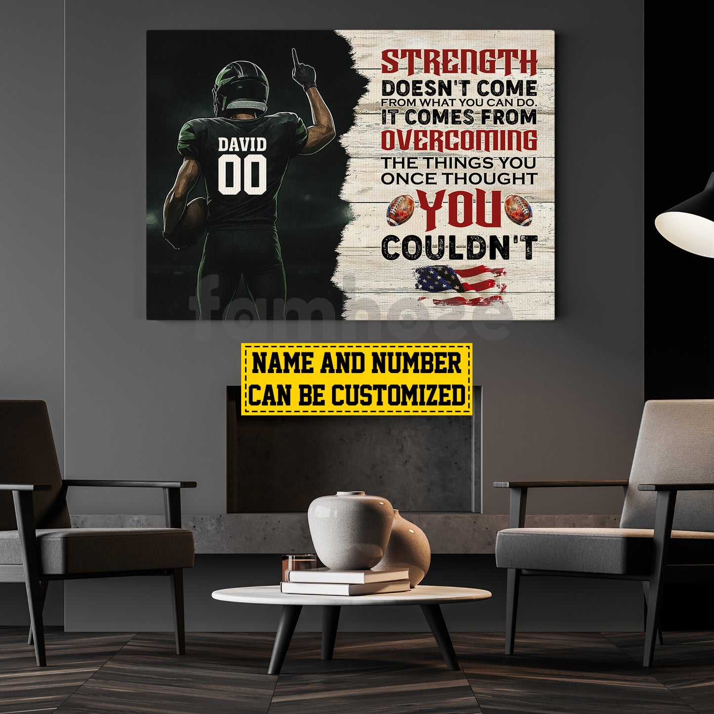 Motivational Personalized Football Man Canvas Painting, Strength Doesn't Come From What You Can Do Sport Wall Art Decor, Poster Gift For Football Lovers