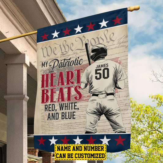 Personalized July 4th Baseball American Garden Flag House Flag, My Patriotic Heart Beats Red, White, And Blue Yard Flag Gift For Baseball Lovers