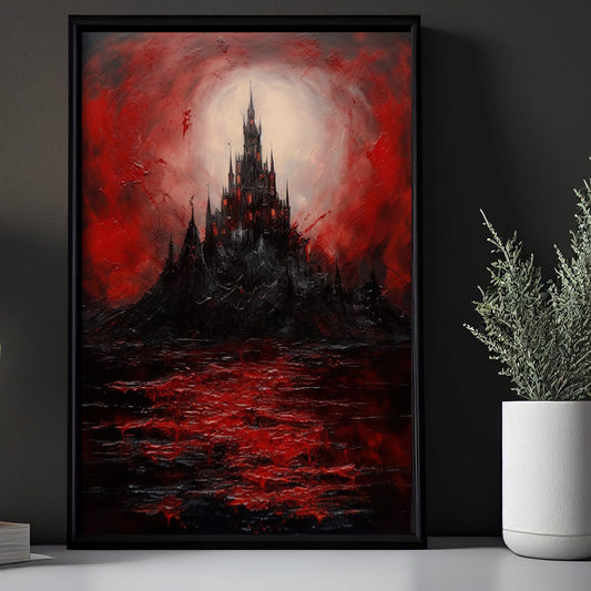 Mystical Haunting Dark Red House Castle Canvas Wall Art Print - Dark House Halloween Poster Print Art For Decorating Your Home