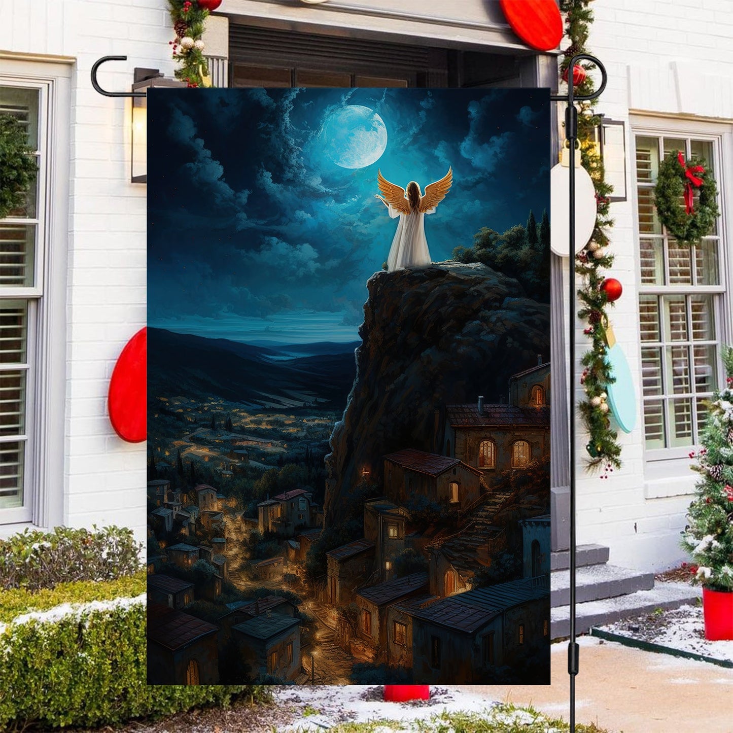 Guardian Angel Moonlit Watch Over The Christmas Village, Christmas Garden Flag - House Flag, Christmas Flag Gift For Angel Lovers, Angel Flag