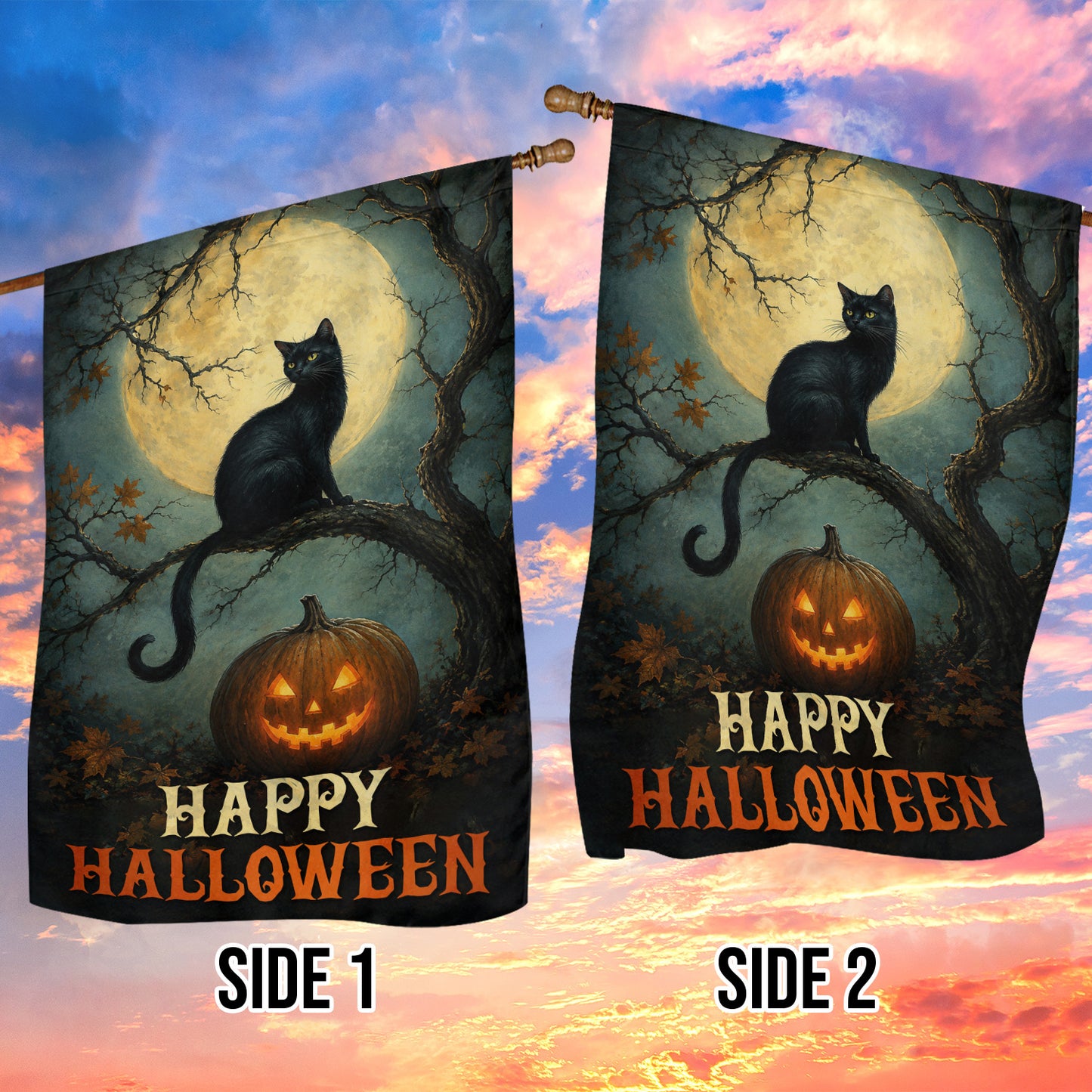 Halloween Black Cat Garden & House Flag, Happy Halloween Yard Flag, Spooky Season Gift For Cat Lover