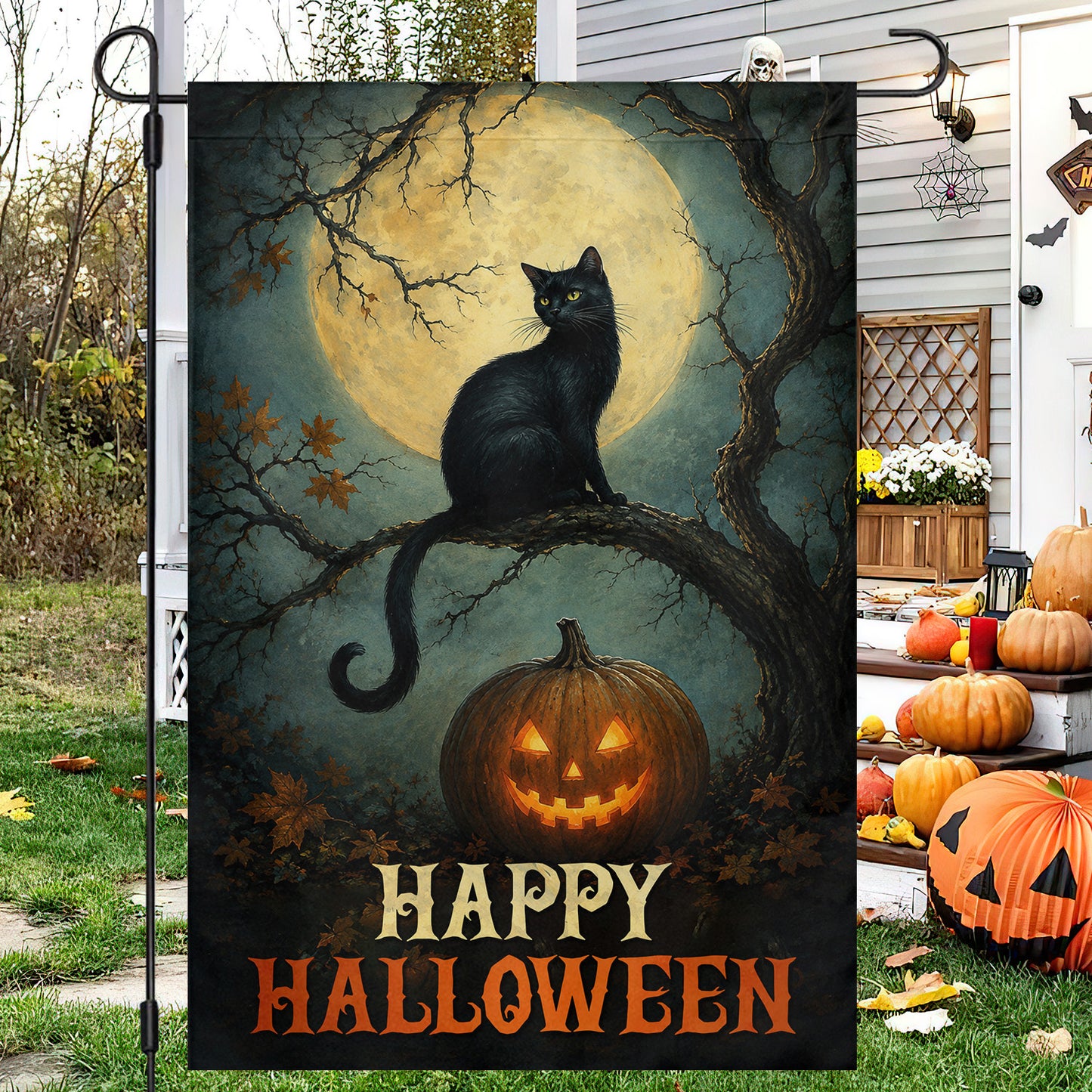 Halloween Black Cat Garden & House Flag, Happy Halloween Yard Flag, Spooky Season Gift For Cat Lover