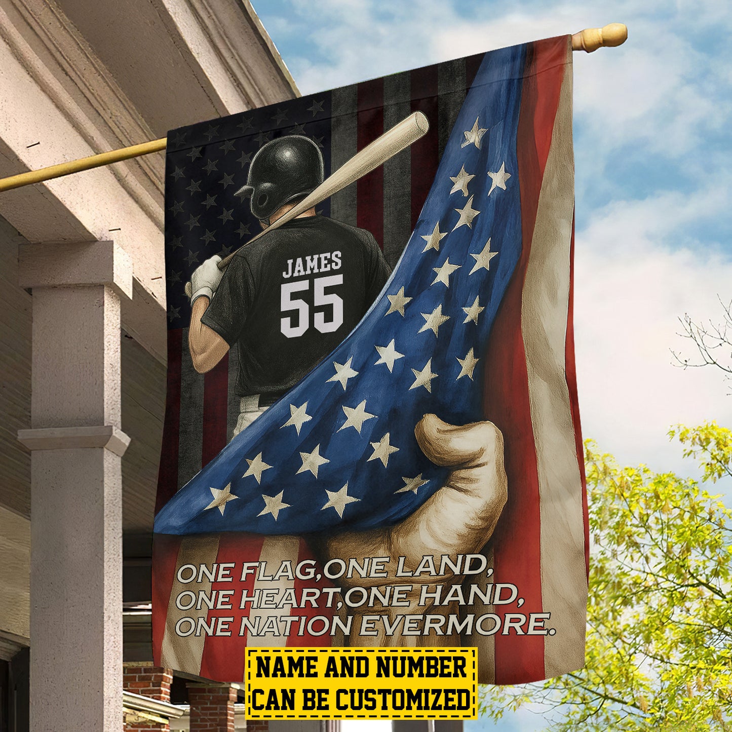 Personalized July 4th Baseball Man American Garden Flag House Flag, One Flag One Land One Heart One Hand One Nation Evermore USA Yard Flag Gift For Baseball Lovers