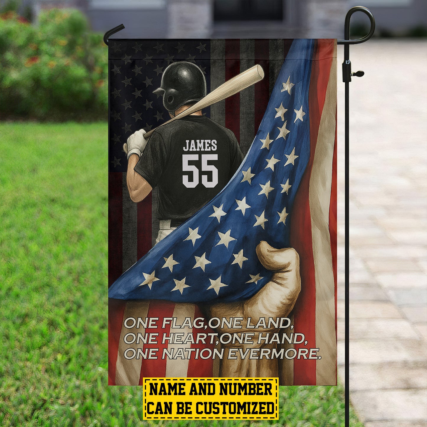 Personalized July 4th Baseball Man American Garden Flag House Flag, One Flag One Land One Heart One Hand One Nation Evermore USA Yard Flag Gift For Baseball Lovers