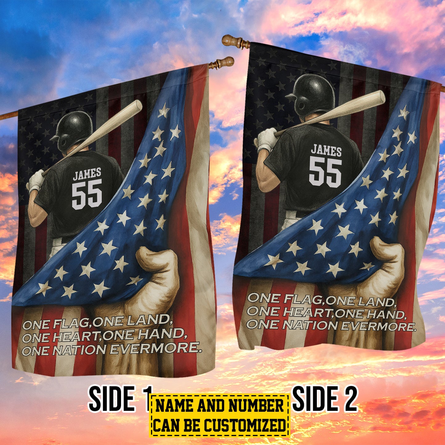 Personalized July 4th Baseball Man American Garden Flag House Flag, One Flag One Land One Heart One Hand One Nation Evermore USA Yard Flag Gift For Baseball Lovers