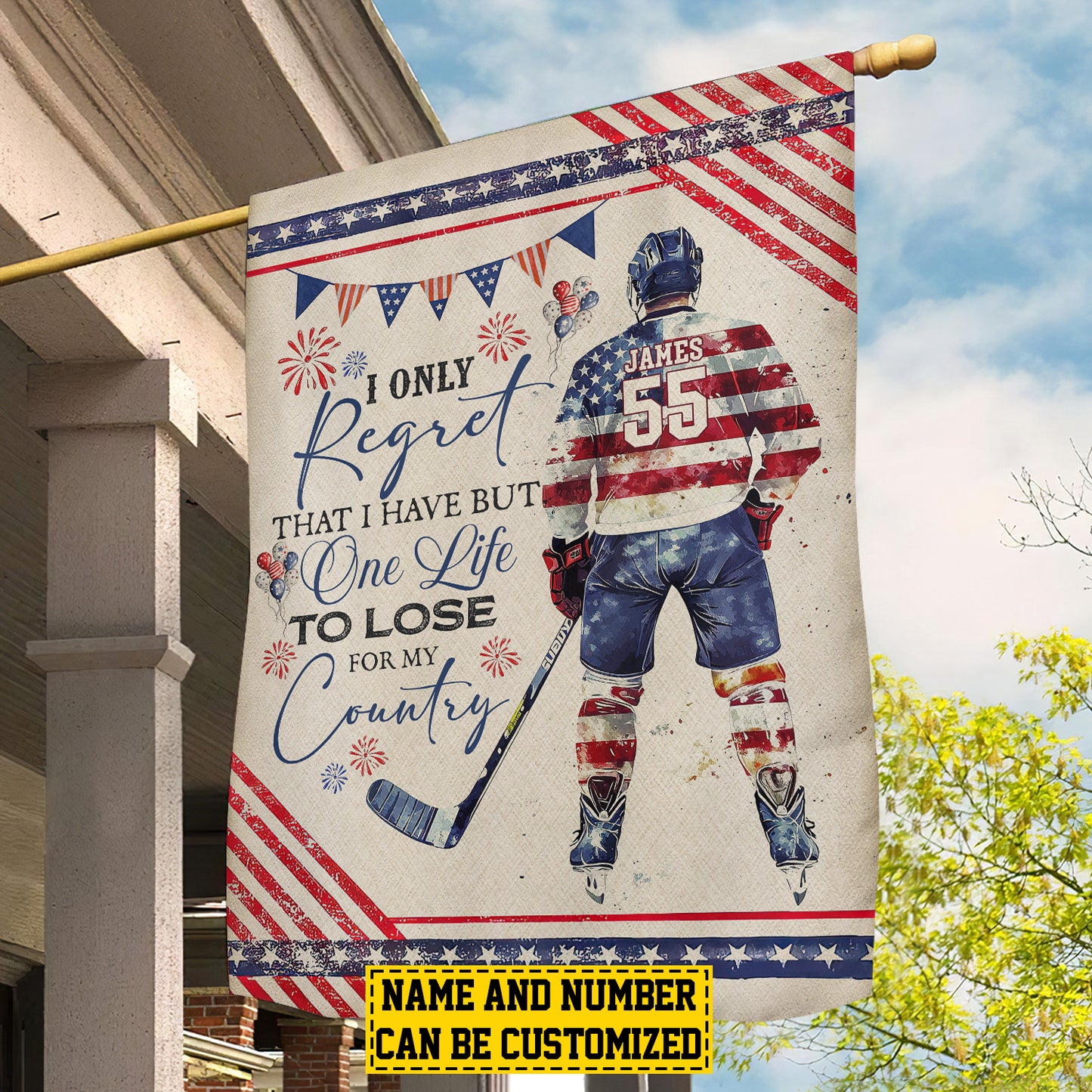 Personalized July 4th Hockey American Garden Flag House Flag, One Life To Lose For My Country Sport Yard Flag Gift For Hockey Lovers
