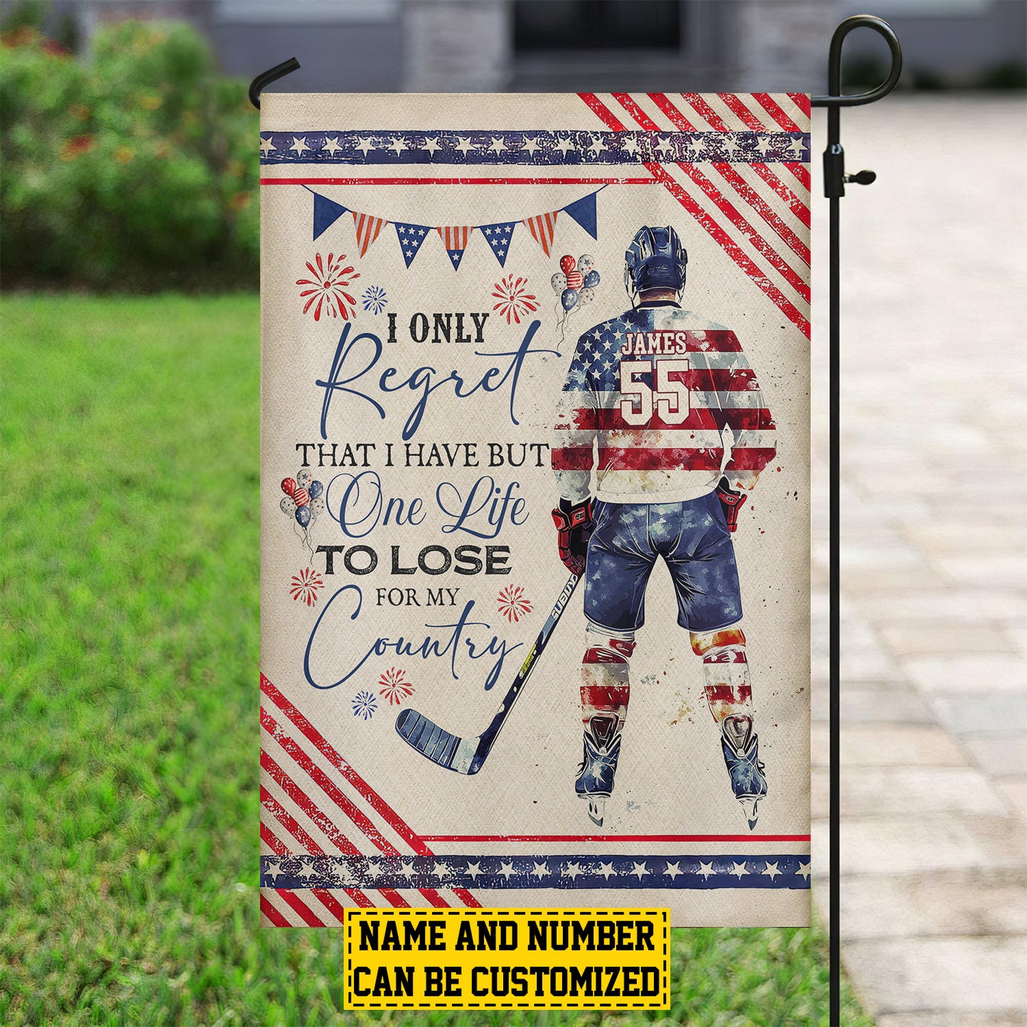 Personalized July 4th Hockey American Garden Flag House Flag, One Life To Lose For My Country Sport Yard Flag Gift For Hockey Lovers